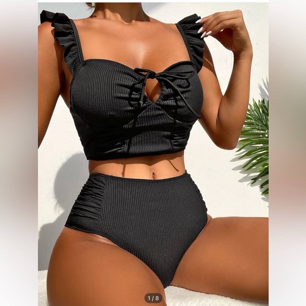 Ruffle Sleeve Ribbed Black Highwaist Bikini